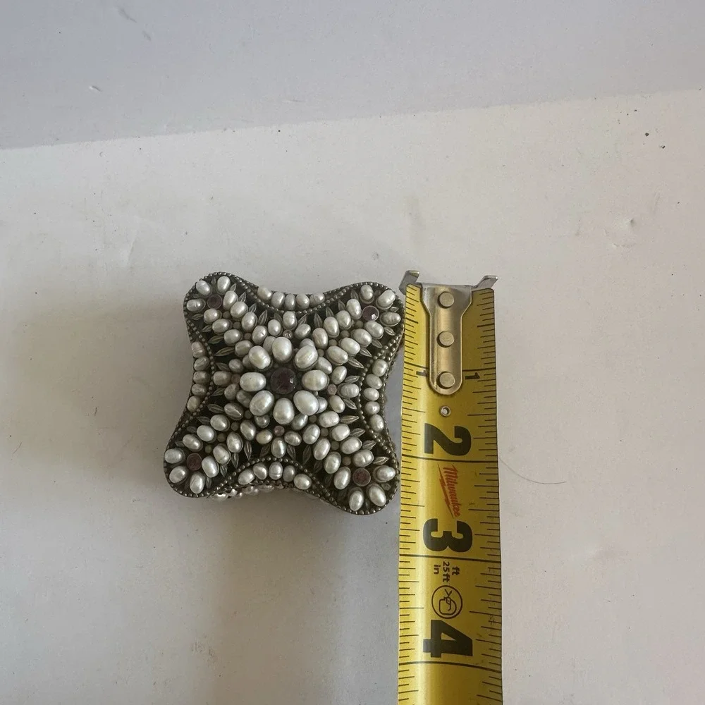 Vintage Pearl‎ & Rhinestone Encrusted Metal Trinket Box 2.5